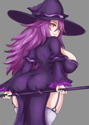 Rule 34 | 1girl, ass, breasts, commentary, curvy, dark mage (monster girl encyclopedia), from behind, garter straps, grey background, hair between eyes, hat, highres, huge ass, huge breasts, long hair, long sleeves, looking at viewer, looking back, monster girl encyclopedia, nav (itsnav), purple hair, simple background, skindentation, smile, solo, staff, thighhighs, white thighhighs, wide sleeves, witch, witch hat, yellow eyes