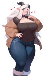 Rule 34 | 1girl, absurdres, animal ears, boots, breasts, cleavage, curvy, denim, fewer digits, goat ears, goat girl, goat horns, haru feng, heart, highres, horns, huge breasts, jeans, large breasts, long hair, looking at viewer, original, pants, solo, thick thighs, thighs, white background, white hair, wide hips, yellow eyes