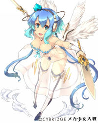 Rule 34 | 1girl, aoki lapis, blue eyes, blue hair, blush, boots, breasts, circle skirt, cleavage, dagger, dress, feathered wings, full body, headphones, highres, holding, holding weapon, keypot, knife, large breasts, long hair, looking at viewer, matching hair/eyes, mecha shoujo taisen z, open mouth, panties, see-through, see-through dress, smile, solo, sword, thigh boots, thighhighs, twintails, underwear, vocaloid, weapon, white background, white panties, white wings, wings