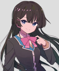 Rule 34 | 1girl, bangs pinned back, black jacket, blazer, blue eyes, bow, bowtie, brown hair, closed mouth, collared shirt, floating hair, hair ornament, hairpin, jacket, long hair, looking at viewer, nijisanji, pink bow, pink bowtie, school uniform, shirt, sidelocks, simple background, smile, solo, sou (tuhut), straight hair, tsukino mito, upper body, virtual youtuber, white background, white shirt