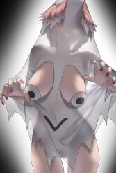 Rule 34 | 1girl, absurdres, aragiken, bed sheet, breasts, costume, covered erect nipples, ghost costume, ghost pose, glowing, glowing eyes, googly eyes, hair wings, halloween, halloween costume, highres, hololive, large breasts, nail polish, naked costume, naked sheet, pasties, pink hair, pink nails, see-through, see-through silhouette, short hair, simple background, takane lui, thighs, virtual youtuber, yellow eyes