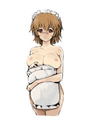 Rule 34 | 1girl, blush, breasts, brown eyes, brown hair, covering privates, covering crotch, futaba channel, glasses, hugging object, large breasts, looking at viewer, maid, maid headdress, nemui, nijiura maids, nipples, nude, pillow, pillow hug, pince-nez, short hair, simple background, small nipples, solo, white background