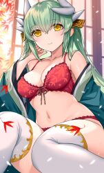 Rule 34 | bare shoulders, blush, bra, breasts, closed mouth, collarbone, dragon girl, dragon horns, fate/grand order, fate (series), green hair, green kimono, hair ornament, highres, horns, japanese clothes, kimono, kiyohime (fate), large breasts, leaf, long hair, long sleeves, maple leaf, morizono shiki, navel, off shoulder, panties, red bra, red panties, sitting, smile, solo, stomach, thighhighs, thighs, underwear, white thighhighs, wide sleeves, yellow eyes