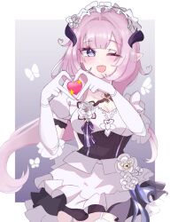 Rule 34 | 1girl, ;d, black dress, blue eyes, blush, breasts, cleavage, commentary request, dress, elbow gloves, elysia (honkai impact), elysia (miss pink elf) (honkai impact), flower, frilled dress, frills, fuka ( ilouxs2), gloves, grey background, hands up, heart, heart hands, highres, honkai (series), honkai impact 3rd, horns, long hair, looking at viewer, medium breasts, one eye closed, open mouth, pink hair, pointy ears, puffy short sleeves, puffy sleeves, short sleeves, smile, solo, sparkle, teeth, two-tone background, upper teeth only, very long hair, white background, white flower, white gloves