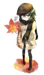 Rule 34 | 10s, 1girl, autumn leaves, bad id, bad pixiv id, coat, eyepatch, green hair, hands in pockets, hat, highres, kantai collection, kiso (kancolle), pantyhose, scarf, short hair, sketch, solo, yuihira asu