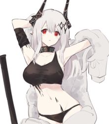 Rule 34 | 1girl, arknights, armband, bare shoulders, black panties, black tank top, breasts, cleavage, commentary request, crop top, ear piercing, horns, infection monitor (arknights), large breasts, material growth, mudrock (arknights), mudrock (elite ii) (arknights), navel, oripathy lesion (arknights), panties, piercing, red eyes, silver hair, solo, stardust-kun, stomach, tank top, underwear