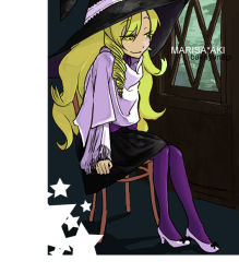 Rule 34 | 1girl, alternate costume, bakayanagi, blonde hair, chair, clenched teeth, contemporary, female focus, full body, hat, high heels, kirisame marisa, long hair, pantyhose, parted lips, sitting, solo, stool, teeth, touhou, very long hair, witch hat