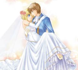 Rule 34 | 1boy, 1girl, blonde hair, blue eyes, blue suit, bride, brown eyes, brown hair, carrying, dress, fire emblem, fire emblem: thracia 776, floral wreath, formal, groom, hetero, husband and wife, leif faris claus, looking at another, nanna (fire emblem), nintendo, okumi, one eye closed, princess carry, smile, suit, wedding dress