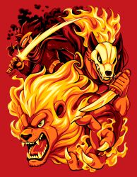 1girl 2boys cape clairen_(rivals_of_aether) fire forsburn furry gauntlets holding holding_knife holding_sword holding_weapon jmanvelez knife lion mask multiple_boys open_mouth red_background red_theme rivals_of_aether skull_mask sword weapon zetterburn