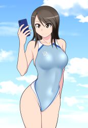 Rule 34 | 1girl, arm behind back, blue one-piece swimsuit, blue sky, brown eyes, brown hair, cellphone, closed mouth, cloud, cloudy sky, competition swimsuit, covered navel, cowboy shot, day, emblem, girls und panzer, highres, holding, holding phone, keizoku (emblem), long hair, mika (girls und panzer), no headwear, one-piece swimsuit, outdoors, phone, sky, smartphone, smile, solo, standing, swimsuit, tanaka rikimaru