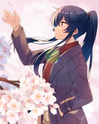 Rule 34 | 1girl, alternate costume, arm up, black hair, blush, brown coat, buttons, cherry blossoms, coat, from side, hair between eyes, hand in pocket, highres, kantai collection, long hair, long sleeves, parted lips, petals, ponytail, red eyes, solo, upper body, very long hair, yahagi (kancolle), yukichi (eikichi)