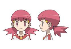 Rule 34 | 1girl, buttons, character sheet, collarbone, creatures (company), eyelashes, game freak, hair ornament, hairclip, jacket, long hair, looking at viewer, low twintails, multiple views, nintendo, pink eyes, pink hair, pokemon, pokemon hgss, simple background, smile, twintails, upper body, white background, white jacket, whitney (pokemon), yoshi (moco1)