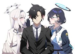 1boy 2girls black_gloves black_hair black_necktie black_suit blue_archive blue_halo blue_necktie blush chihiro_(blue_archive) ear_blush formal glasses gloves grey_eyes grey_hair grey_halo hairband halo highres himari_(blue_archive) jacket long_hair multiple_girls necktie no_eyes pointy_ears reia_76 sensei_(blue_archive) sensei_(blue_archive_the_animation) suit white_background