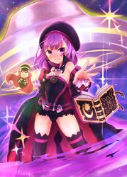 Rule 34 | 1girl, belt, beret, book, cape, colonel olcott (fate), fate/grand order, fate (series), floating, floating book, floating object, grimoire, harupippo, hat, helena blavatsky (fate), helena blavatsky (third ascension) (fate), highres, long coat, off shoulder, purple eyes, purple hair, solo, sparkle, thighhighs, ufo