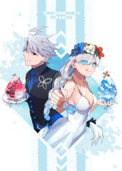 Rule 34 | 1boy, 1girl, absurdres, ahoge, anastasia (fate), anastasia (swimsuit archer) (fate), anastasia (swimsuit archer) (second ascension) (fate), black eyes, blue eyes, bowl, braid, breasts, dress, fate/grand order, fate (series), food, glass bowl, grey hair, head wreath, highres, james moriarty (archer) (fate), james moriarty (gray collar) (fate), james moriarty (ruler) (fate), licking lips, lightning ahoge, long hair, medium breasts, necktie, shaved ice, smile, spoon, sundress, tia (cocorosso), tongue, tongue out, twin braids, vest