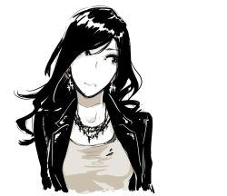 Rule 34 | 1girl, black hair, black jacket, cross, cross earrings, earrings, frown, greyscale, jacket, jewelry, leather, leather jacket, long hair, looking to the side, monochrome, necklace, open clothes, open jacket, original, poaro, shirt, simple background, sketch, solo, upper body, wavy hair, white background