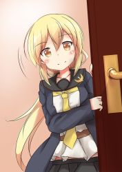 Rule 34 | 1girl, black sailor collar, black skirt, blonde hair, collarbone, commentary request, crescent, crescent pin, door, hair between eyes, kantai collection, long hair, low twintails, motion lines, neckerchief, pleated skirt, sailor collar, satsuki (kancolle), satsuki kai ni (kancolle), skirt, smile, solo, twintails, yellow eyes, yellow neckerchief, yuu (alsiel)