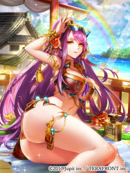 Rule 34 | 1girl, 2017, ass, bikini, breasts, cleavage, company name, large breasts, long hair, looking at viewer, official art, ojyou, original, purple hair, rainbow, red eyes, sitting, solo, sunglasses, swimsuit, thighlet