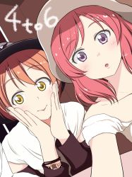 Rule 34 | 10s, 2girls, blush, hands on own cheeks, hands on own face, hat, hoshino ouka, hoshizora rin, love live!, love live! school idol festival, love live! school idol project, multiple girls, nishikino maki, open mouth, orange hair, photo-referenced, purple eyes, reaching, reaching towards viewer, red hair, selfie, short hair, voice actor connection, watch, yellow eyes