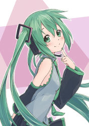 Rule 34 | 1girl, errant, faux traditional media, finger to mouth, green hair, hatsune miku, headset, long hair, necktie, smile, solo, twintails, very long hair, vocaloid