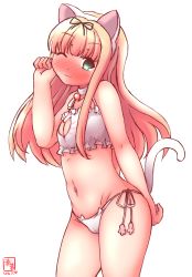 Rule 34 | 10s, 1girl, 2016, :3, ;3, animal ears, arm behind back, bare shoulders, bell, neck bell, neck bell, black ribbon, blonde hair, blush, bra, cat cutout, cat ear panties, cat ears, cat lingerie, cat tail, choker, cleavage cutout, clothing cutout, collar, dated, fake animal ears, fake tail, from side, green eyes, hair ribbon, highres, jingle bell, kanon (kurogane knights), kantai collection, long hair, looking at viewer, looking to the side, meme attire, navel, one eye closed, panties, paw pose, ribbon, side-tie panties, simple background, solo, stomach, tail, underwear, underwear only, white background, white bra, white panties, yuudachi (kancolle)