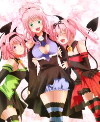 Rule 34 | 3girls, amimo0805, breasts, cleavage, demon tail, flat chest, green eyes, highres, lala satalin deviluke, long hair, momo velia deviluke, multiple girls, nana asta deviluke, open mouth, pink eyes, pink hair, purple eyes, short hair, siblings, sisters, smile, standing, tail, thighhighs, to love-ru, twins, twintails