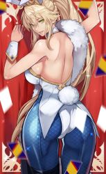 Rule 34 | 1girl, absurdres, animal ears, arm up, artoria pendragon (all), artoria pendragon (fate), artoria pendragon (swimsuit ruler) (fate), bare shoulders, bareback, blonde hair, blue pantyhose, braid, breasts, card, fake animal ears, fate/grand order, fate (series), feather boa, fishnets, green eyes, hair between eyes, highres, large breasts, leotard, long hair, looking at viewer, looking back, pantyhose, parted lips, playboy bunny, playing card, ponytail, rabbit ears, rabbit tail, sideboob, sidelocks, solo, tail, wrist cuffs, yoshio (55level)