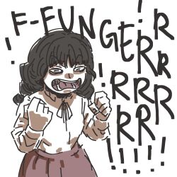 Rule 34 | 1girl, absurdres, clenched hands, commentary, dyscomm, fear &amp; hunger, fear &amp; hunger 2: termina, highres, long sleeves, marina (fear &amp; hunger), open mouth, pink skirt, shirt, shouting, simple background, sketch, skirt, standing, text background, white background, white shirt