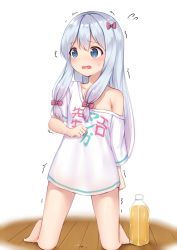 Rule 34 | 1girl, barefoot, blue eyes, blush, bottle, bottomless, bow, clenched hand, clothes writing, collarbone, embarrassed, eromanga sensei, female focus, flat chest, flying sweatdrops, full body, hair bow, hand up, have to pee, highres, izumi sagiri, japanese text, kanekan, kneeling, long hair, off shoulder, open mouth, oversized clothes, pee, pink bow, shirt, short sleeves, silver hair, simple background, solo, sweat, translation request, trembling, white background, white shirt