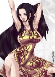 Rule 34 | 1girl, amazon warrior, armpits, arms up, bad id, bad pixiv id, black hair, boa hancock, breasts, china dress, chinese clothes, dress, earrings, forehead, highres, impel down, jewelry, large breasts, long hair, madhatter hello, muscular, one piece, open mouth, salome (one piece), side slit, sideboob, skirt drape, skull, snake, solo focus, yellow dress