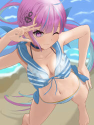 Rule 34 | 1girl, 2022, ahoge, anchor hair ornament, aqua hair, bare arms, bare legs, barefoot, beach, bikini, blue nails, blue ribbon, blue sailor collar, blunt bangs, blurry, blurry background, braid, breasts, cleavage, closed mouth, collarbone, commentary request, dated commentary, day, eyelashes, eyes visible through hair, feet out of frame, foreshortening, from above, front-tie bikini top, front-tie top, hair ornament, hair ribbon, halterneck, hand on own hip, hand up, highres, hololive, large breasts, long hair, looking at viewer, low twintails, minato aqua, multicolored hair, nail polish, ocean, one eye closed, outdoors, purple eyes, purple hair, ribbon, sailor collar, side braid, smile, solo, standing, streaked hair, striped bikini, striped clothes, swimsuit, tataki worker, twintails, upturned eyes, very long hair, virtual youtuber, w, w over eye
