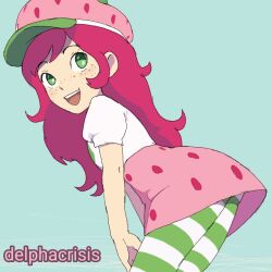 Rule 34 | 1girl, blue background, blush, delpha crisis, food-themed clothes, freckles, green eyes, green pantyhose, hat, leaning forward, long hair, looking at viewer, looking back, open mouth, pantyhose, pink hair, pink headwear, pink skirt, polka dot, polka dot skirt, puffy sleeves, shirt, short sleeves, skirt, smile, standing, strawberry shortcake (copyright), strawberry shortcake (sbsc), striped clothes, striped pantyhose, teeth, white shirt