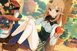 Rule 34 | 1girl, apple, bad id, bad pixiv id, blush, book, book stack, boots, breasts, cup, elf, fantasy, food, fruit, hair ornament, long hair, looking at viewer, original, outdoors, plant, pointy ears, potted plant, sitting, solo, yoshitake
