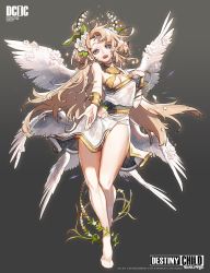 Rule 34 | 1girl, bare legs, barefoot, black background, blue eyes, breasts, brown hair, character request, cleavage, copyright name, destiny child, dress, feathered wings, flower, gradient background, highres, leaf, long hair, looking at viewer, medium breasts, multiple wings, open mouth, plant, rinotuna, solo, very long hair, white dress, white flower, white wings, wings