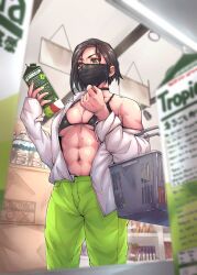 Rule 34 | 1girl, abs, bare shoulders, bikini, black hair, breasts, carton, choker, chuckuddin, highres, jacket, juice, large breasts, mask, mouth mask, muscular, muscular female, open clothes, open jacket, reading, shopping, shopping basket, short hair, solo, swimsuit, valorant, viper (valorant)