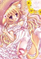 Rule 34 | 1girl, animal ear fluff, animal ears, ankle ribbon, arm up, bare shoulders, between legs, blonde hair, blush, breasts, cameltoe, cat ears, cat tail, cleavage, collar, commentary request, dress, ears down, fang, flower, frill trim, frilled collar, frilled skirt, frills, hair between eyes, hair flower, hair ornament, hand up, hat, honoka chiffon, leg ribbon, long hair, looking at viewer, medium breasts, nail polish, off shoulder, open mouth, original, panties, pantyshot, pink flower, purple eyes, ribbon, sitting, skirt, smile, solo, sparkle, straw hat, sundress, tail, tail between legs, thighhighs, underwear, very long hair, wavy hair, white dress, white panties