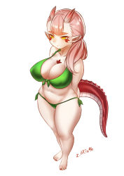 Rule 34 | 1girl, absurdres, bikini, breasts, cleavage, collarbone, dragon girl, dragon horns, dragon tail, elf-san wa yaserarenai., feet, gonda (elf-san wa yaserarenai.), highres, horns, large breasts, long hair, plump, pointy ears, ponytail, red eyes, red hair, solo, standing, swimsuit, tail, thick eyebrows, thick thighs, thighs, zasshu
