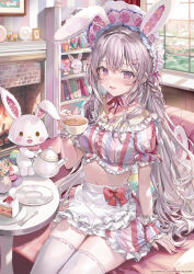 Rule 34 | 1girl, 2024, animal ears, apron, bow, bow apron, braid, couch, cup, fake animal ears, fork, frilled apron, frills, grey hair, hair between eyes, hair ornament, hand up, highres, holding, holding cup, indoors, long hair, looking at viewer, momoko (momopoco), multicolored clothes, multicolored nails, my melody, navel, on couch, onegai my melody, open mouth, pink eyes, plaid, rabbit ears, red bow, red ribbon, ribbon, sanrio, short sleeves, smile, solo, teacup, teapot, thighhighs, white apron, white thighhighs, zettai ryouiki