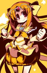 Rule 34 | 10s, 1girl, bow, brooch, bubble skirt, circlet, cure muse, cure muse (yellow), dress, frills, gathers, heart, jewelry, long hair, magical girl, nanateru, no choker, orange hair, orange skirt, precure, red eyes, shirabe ako, skirt, smile, solo, star (symbol), suite precure, yellow background, yellow bow, yellow theme