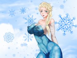 Rule 34 | 1girl, blonde hair, blue eyes, bodysuit, breasts, covered erect nipples, dress, elsa (frozen), frozen (disney), highres, large breasts, latex, leotard, shiny clothes, skin tight, snowflakes, solo, supernova (artist)