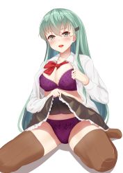 Rule 34 | 1girl, absurdres, alternate eye color, aqua hair, blush, bra, breasts, brown eyes, brown thighhighs, clothes lift, hair between eyes, hair ornament, hairclip, highres, kantai collection, large breasts, lifting own clothes, lifting another&#039;s clothes, long hair, long sleeves, looking at viewer, open clothes, open mouth, panties, pleated skirt, purple bra, purple panties, shirt, sitting, skirt, skirt lift, smile, solo, suzuya (kancolle), thighhighs, underwear, white shirt, zuki