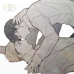 Rule 34 | 2boys, black hair, blonde hair, collared shirt, erwin smith, food, g321377377, hand on another&#039;s neck, levi (shingeki no kyojin), long sleeves, looking at another, male focus, multiple boys, multiple girls, shingeki no kyojin, shirt, short hair, sideburns, smile, sushi, thick eyebrows, white background, white shirt, yaoi