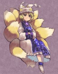 Rule 34 | 1girl, animal ears, animal hat, bad id, bad twitter id, blonde hair, blush, closed mouth, commentary request, fox ears, fox tail, hands in opposite sleeves, hat, highres, mob cap, mob cap, sasa kichi, shirt, sitting, skirt, smile, socks, solo, tail, touhou, white shirt, white skirt, white socks, wide sleeves, yakumo ran, yellow eyes