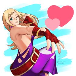 Rule 34 | 1girl, ass, back, bare back, bare shoulders, blonde hair, blowing kiss, breasts, dress, fatal fury, fingerless gloves, gloves, heart, highres, jenet behrn, kiss, long hair, looking at viewer, okami heart, one eye closed, sideboob, sleeveless, the king of fighters, wink
