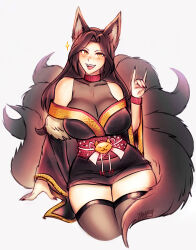 Rule 34 | 1girl, :d, animal ear fluff, animal ears, artist name, bare shoulders, black hair, black kimono, black nails, breasts, collarbone, commentary, english commentary, fangs, fingernails, fox ears, fox girl, fox shadow puppet, fox tail, gradient background, grey background, highres, iahfy, indie virtual youtuber, japanese clothes, kimono, kitsune, kyuubi, large breasts, long fingernails, long hair, long sleeves, looking at viewer, multiple tails, obi, off shoulder, open mouth, parted bangs, saeko kitsune, sash, simple background, smile, solo, sparkle, tail, thighhighs, virtual youtuber, white background, wide sleeves, yellow eyes, zettai ryouiki