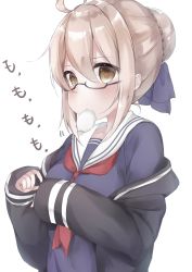 Rule 34 | 1girl, artoria pendragon (fate), between breasts, black-framed eyewear, black jacket, blue ribbon, blue shirt, blush, braid, breasts, brown eyes, commentary request, eating, fate/grand order, fate (series), glasses, hair between eyes, hair bun, hair ribbon, highres, jacket, light brown hair, long sleeves, medium breasts, mochi nabe, mouth hold, mysterious heroine x alter (fate), mysterious heroine x alter (first ascension) (fate), neckerchief, off shoulder, red neckerchief, ribbon, school uniform, semi-rimless eyewear, serafuku, shirt, simple background, single hair bun, sleeves past wrists, solo, translation request, under-rim eyewear, upper body, white background