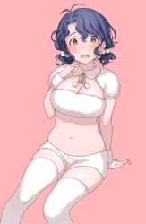 Rule 34 | 10s, 1girl, alternate hairstyle, antenna hair, arm at side, arm support, blue hair, blush, breasts, brown eyes, crop top, embarrassed, fur trim, gradient eyes, hair bobbles, hair ornament, idolmaster, idolmaster million live!, large breasts, low twintails, midriff, mimizubare, multicolored eyes, navel, no pupils, open mouth, pom pom (clothes), red background, shade, short shorts, short sleeves, short twintails, shorts, simple background, sitting, solo, stomach, sweat, thighhighs, toyokawa fuka, twintails, wavy hair, white shorts, white thighhighs, wrist cuffs