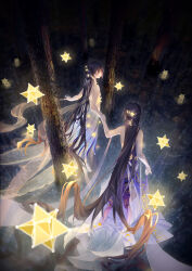 Rule 34 | 2girls, absurdres, black hair, dark background, dress, earrings, elbow gloves, forest, from above, full body, gloves, glowing jewelry, hair between eyes, hair ornament, highres, holding hands, jewelry, light particles, long dress, long hair, looking at another, multiple girls, musical note, musical note print, nature, night, original, purple dress, sang sha, see-through, see-through shawl, shawl, smile, standing, star (symbol), stellated octahedron, tree, very long hair, white gloves