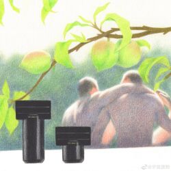 Rule 34 | 2boys, absurdres, ad, arm around shoulder, back, bara, bottle, branch, couple, dagou (yuzhou fei gou), faceless, faceless male, food, from behind, fruit, highres, leaf, looking at another, looking to the side, male focus, multiple boys, nude, original, painterly, peach, perfume bottle, plant, short hair, sunlight, upper body, yaoi