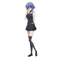 Rule 34 | 10s, 1girl, arm behind back, black dress, black thighhighs, blue hair, candy, chaos;child, dress, food, full body, glasses, hair between eyes, kazuki hana, lollipop, looking at viewer, necktie, official art, purple eyes, red necktie, school uniform, short dress, short hair with long locks, sidelocks, silver link, simple background, solo, standing, thighhighs, white background
